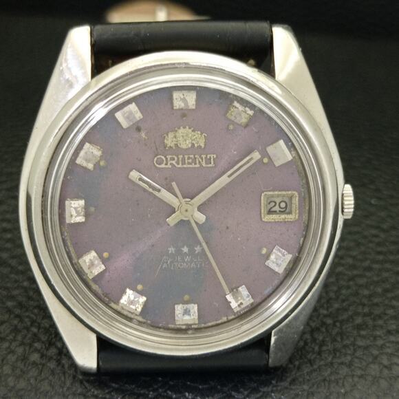 Vintage 1980 Orient Automatic Mens Silver Watch W/daydate & Glass Back - Picture 4 of 10